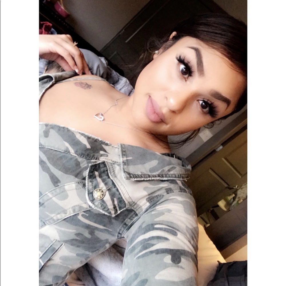 Off shoulder. Camouflage jean top
